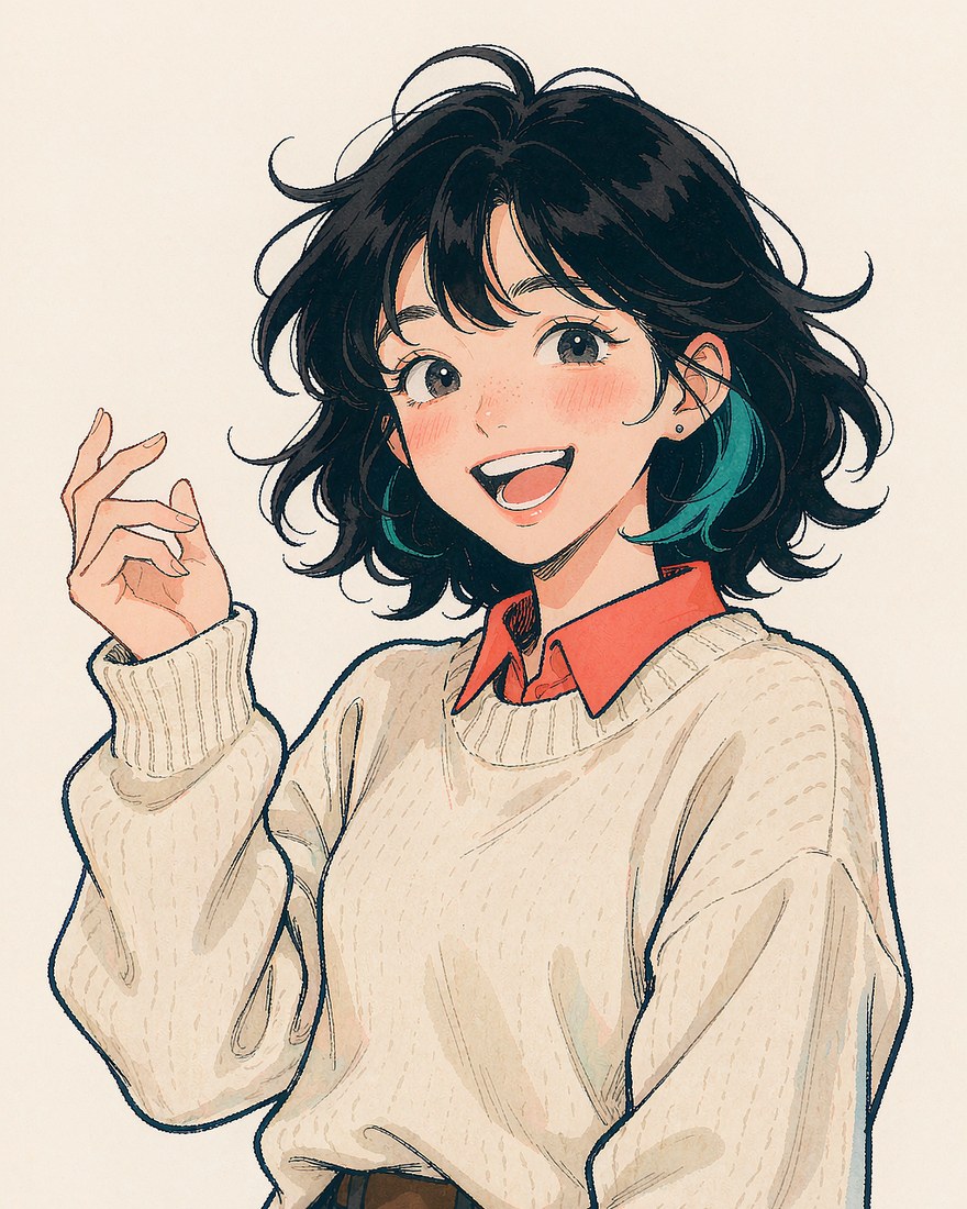 Mira, an illustrated character with short black hair and a teal highlight streak